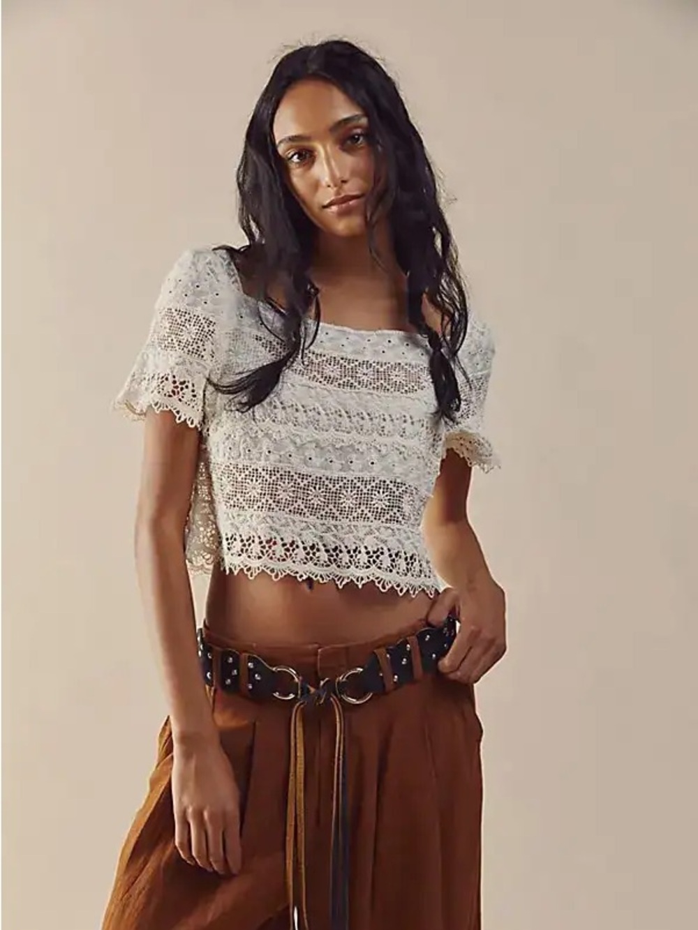 Free People Crochet Lace Wide Neck Top Size Medium